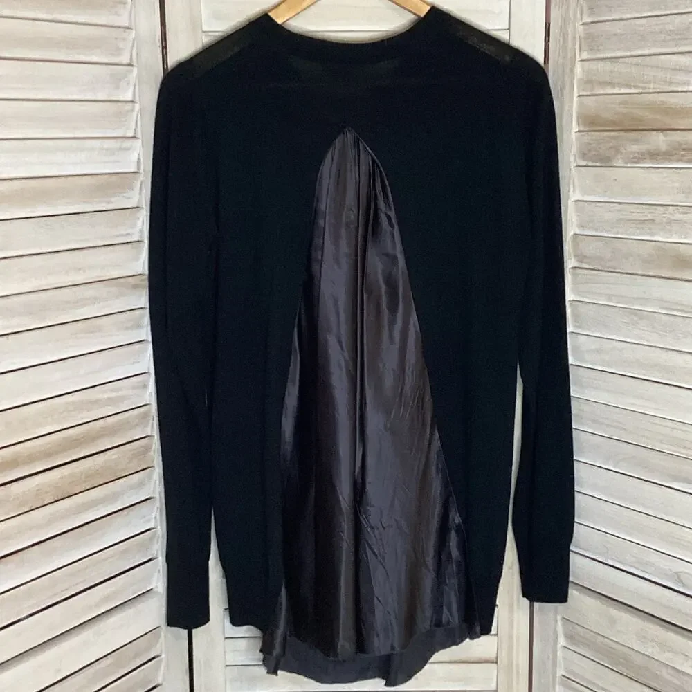 Sacai Satin Panel Back Fine Gauge Knit 100% Wool Cardigan Black S FLAW